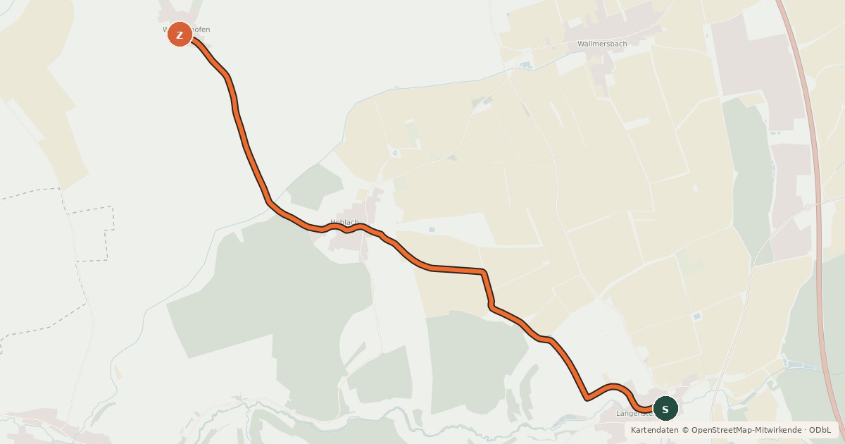 Kartenübersicht der Radroute Langensteinach - Walkershofen