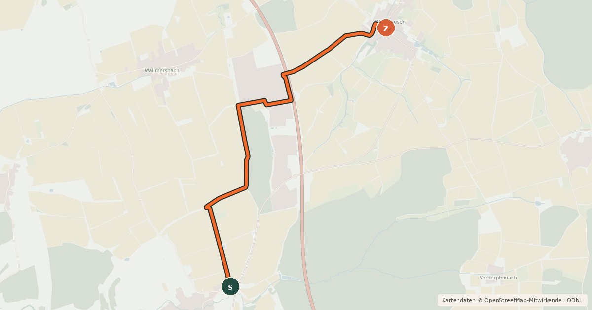 Kartenübersicht der Radroute Langensteinach - Welbhausen