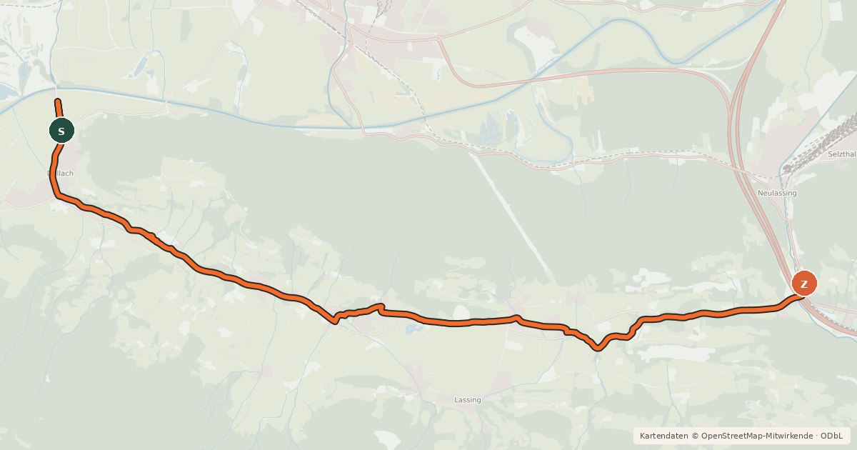 Kartenübersicht der Radroute Lassing Radweg