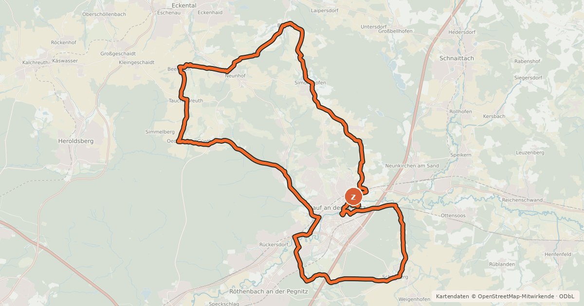 Kartenübersicht der Radroute Laufer Radrundweg