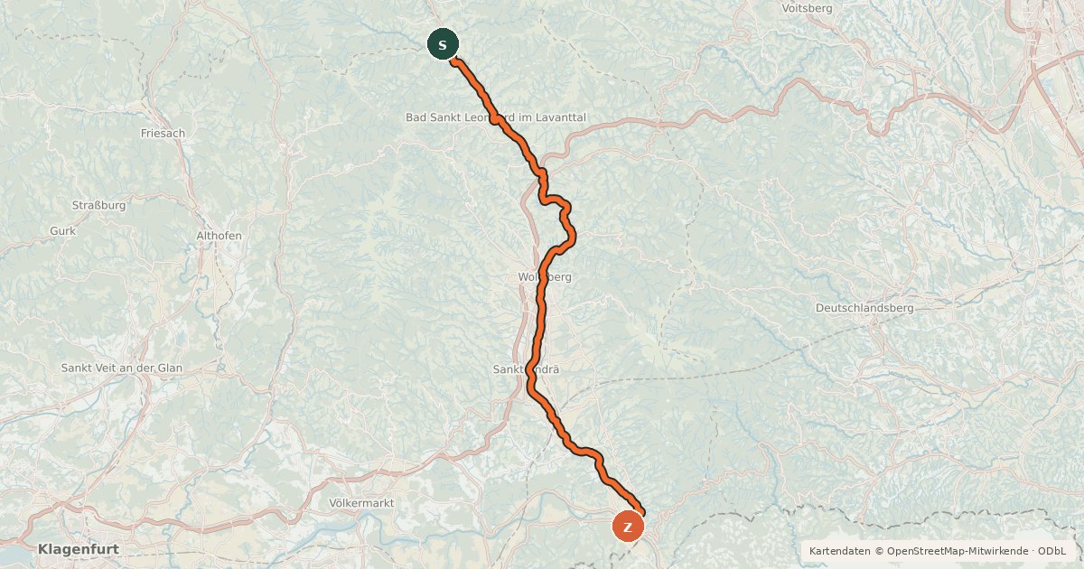 Kartenübersicht der Radroute Lavantradweg