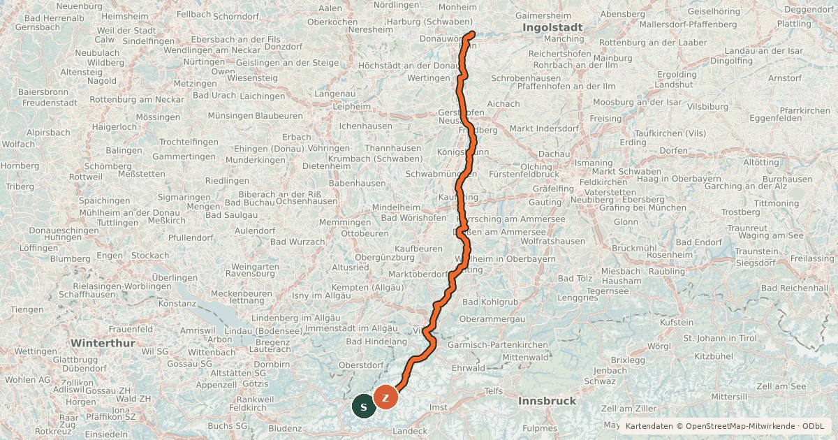 Kartenübersicht der Radroute Lechradweg