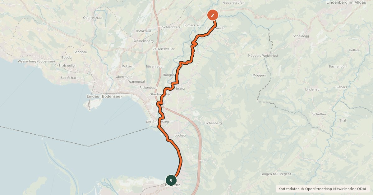 Kartenübersicht der Radroute Leiblachtal Route