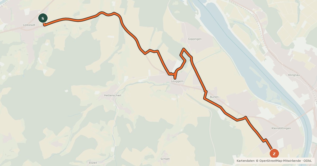 Kartenübersicht der Radroute Leibstadt-Kleindöttingen