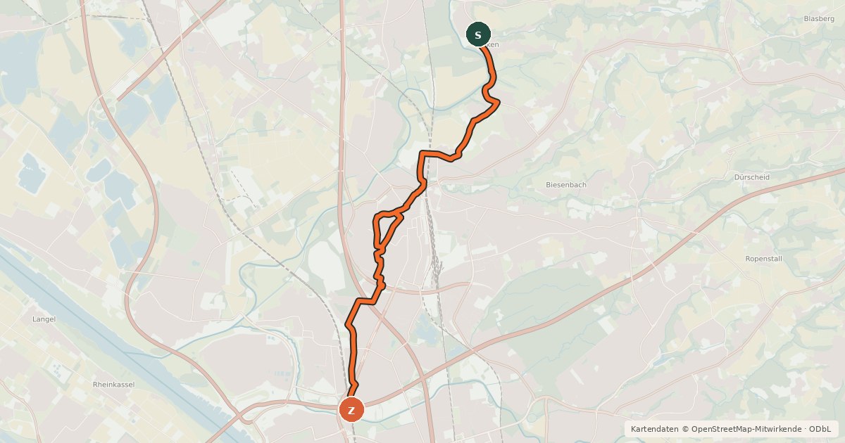 Kartenübersicht der Radroute Leichlingen (10) - Leverkusen (20)