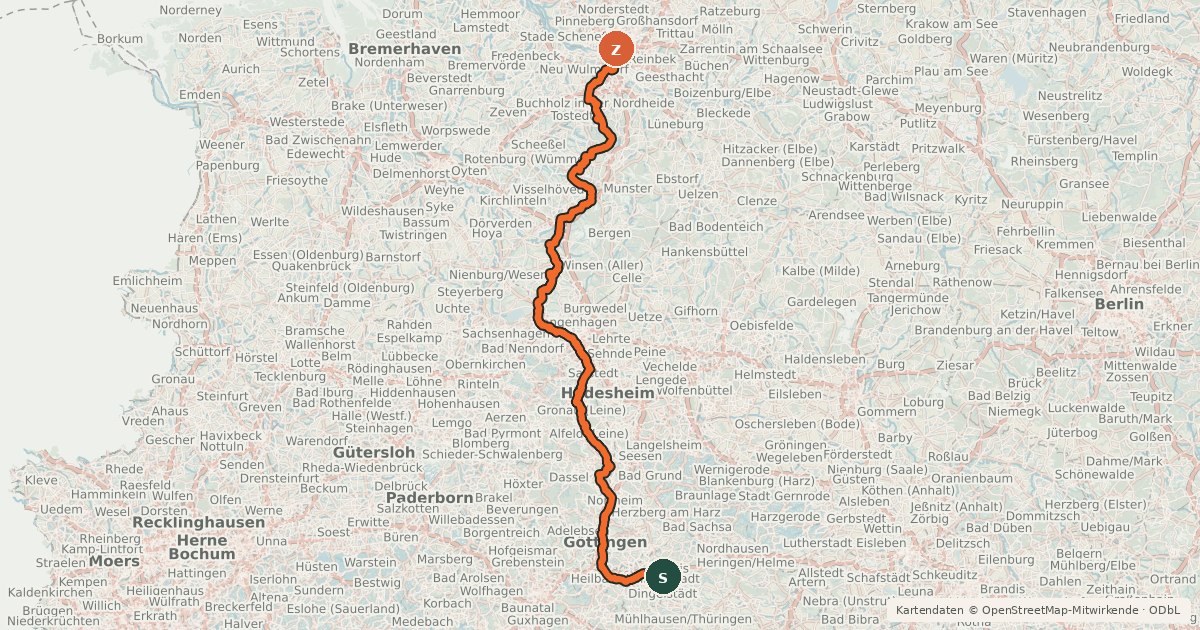 Kartenübersicht der Radroute Leine-Heide-Radweg