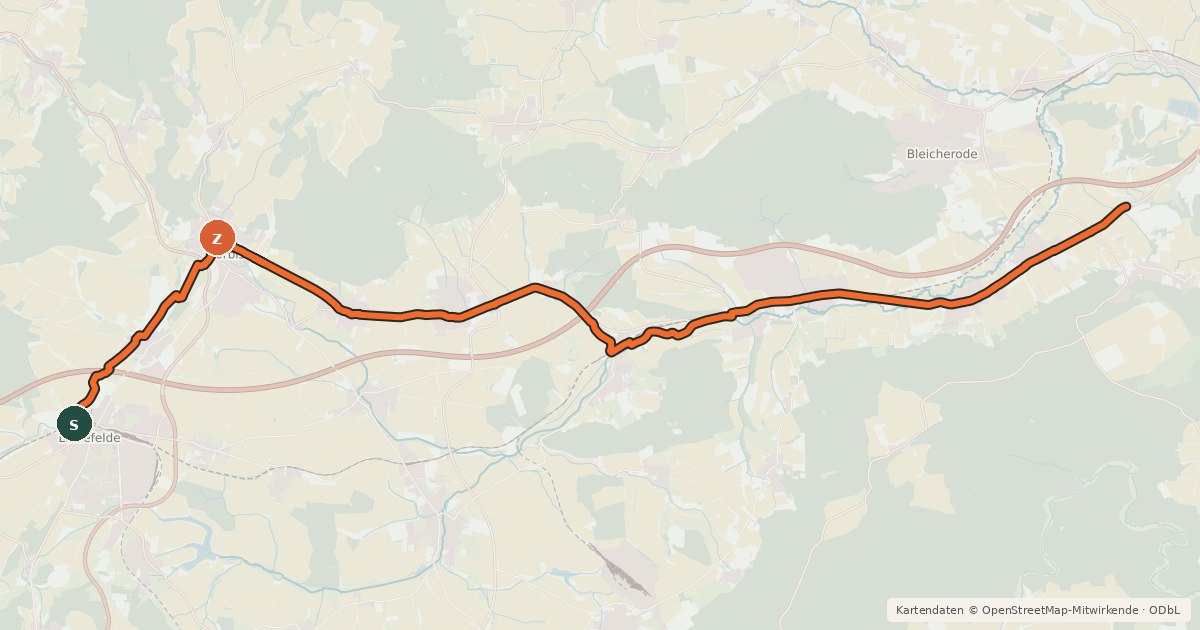 Kartenübersicht der Radroute Leine-Nordhausen