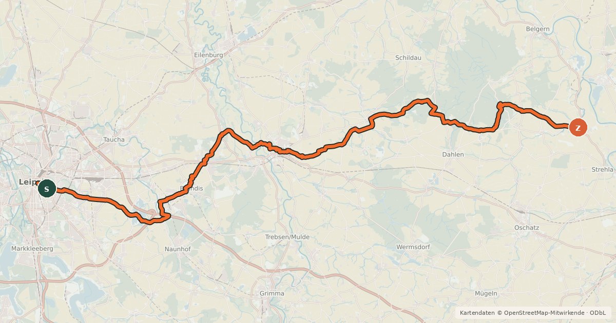 Kartenübersicht der Radroute Leipzig–Elbe-Radroute