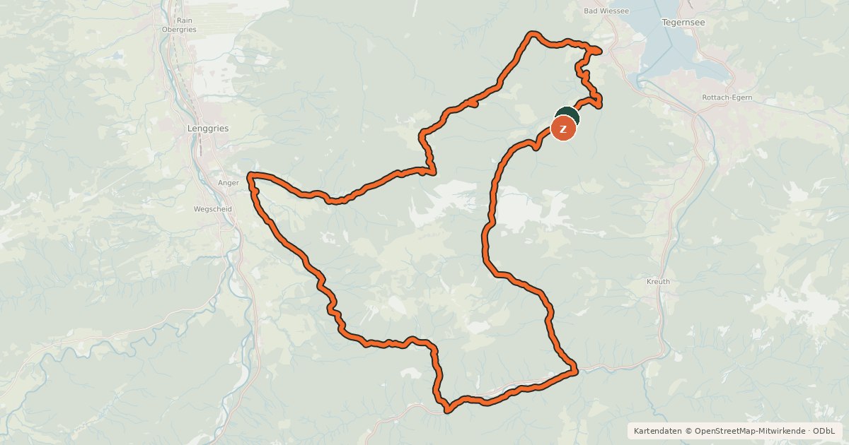 Kartenübersicht der Radroute Lenggries - Röhlmoos - Schwarzentenn - Aueralm