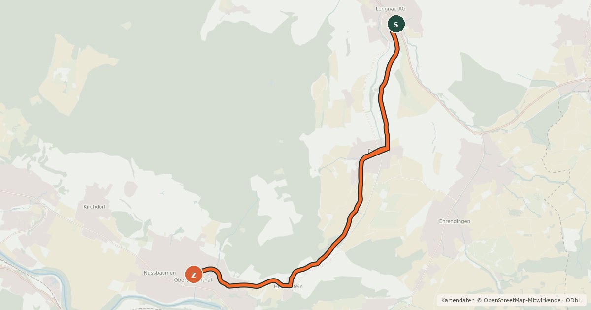 Kartenübersicht der Radroute Lengnau-Obersiggenthal