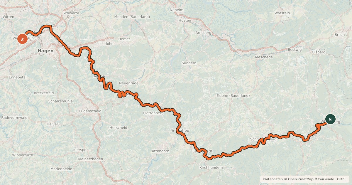 Kartenübersicht der Radroute Lenneroute