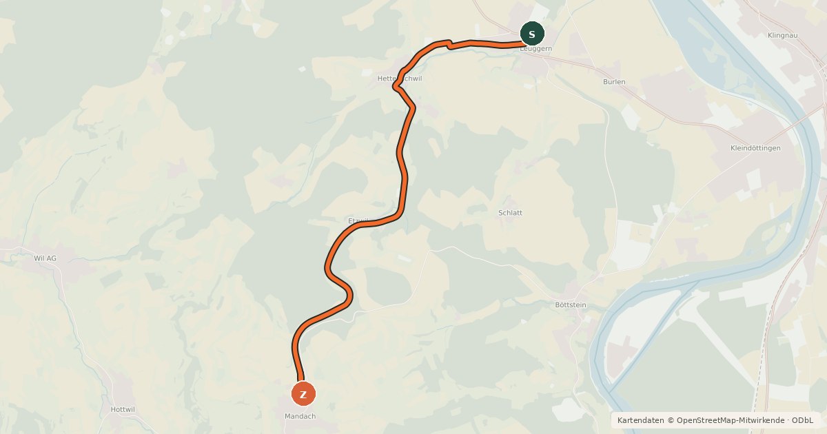 Kartenübersicht der Radroute Leuggern-Mandach