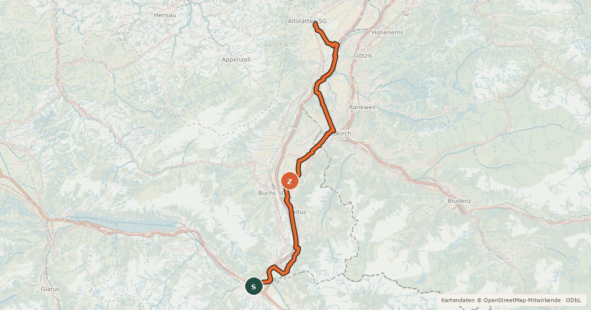 Kartenübersicht der Radroute Liechtensteiner Rheintalroute