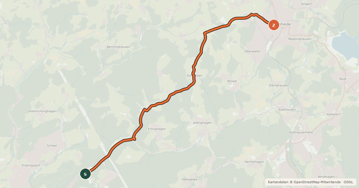 Kartenübersicht der Radroute Lindlar (44) - Marienheide (55)