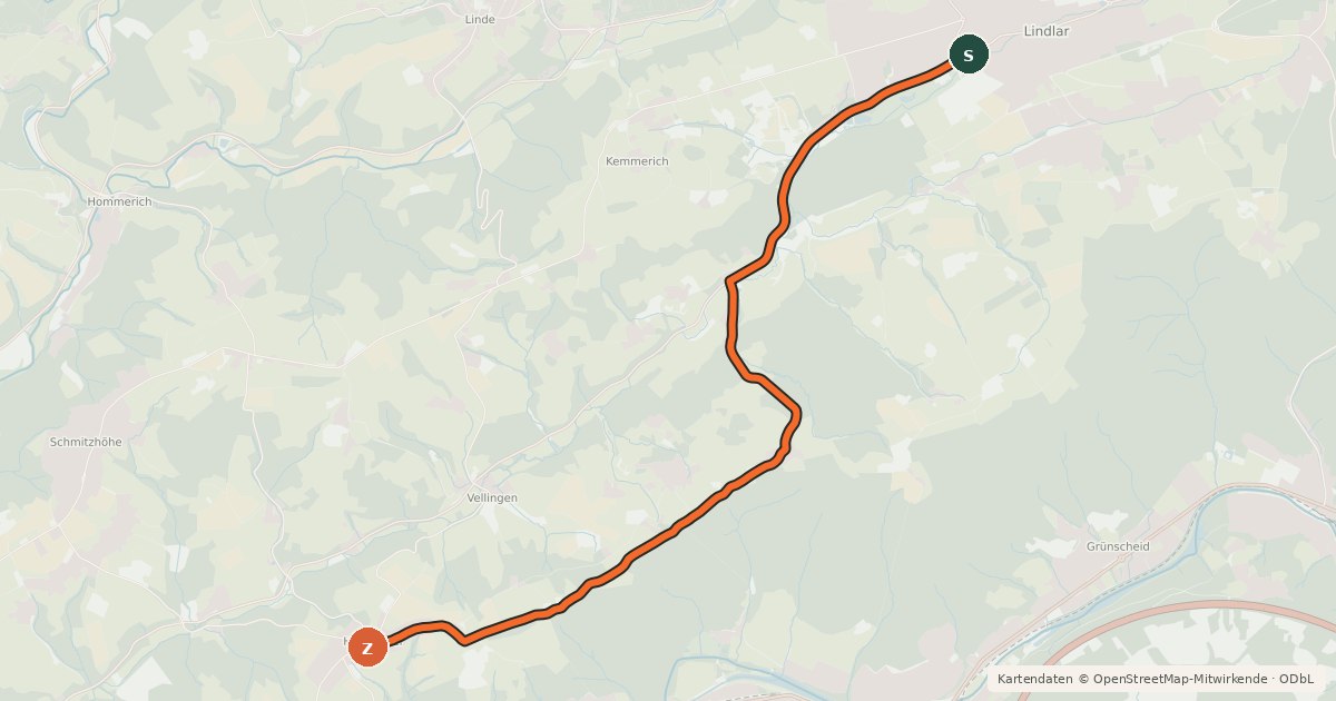 Kartenübersicht der Radroute Lindlar (64) - Lindlar (85)