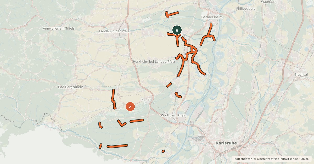 Kartenübersicht der Radroute Lokales Radwegenetz Landkreis Germersheim