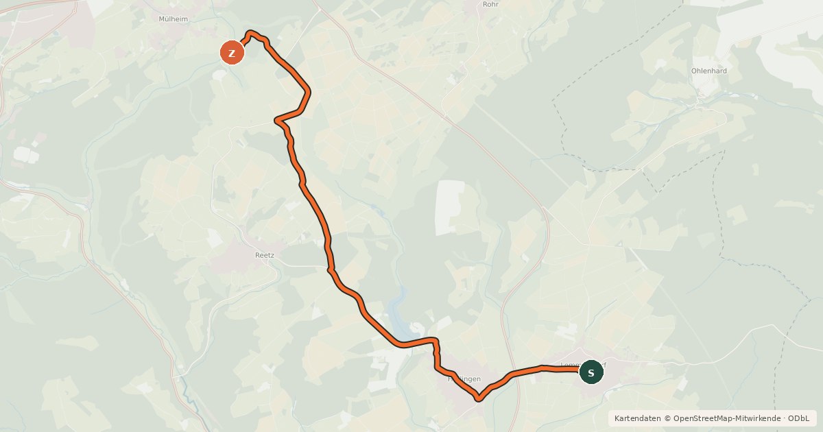 Kartenübersicht der Radroute Lommersdorf (72) - Mülheim (74)