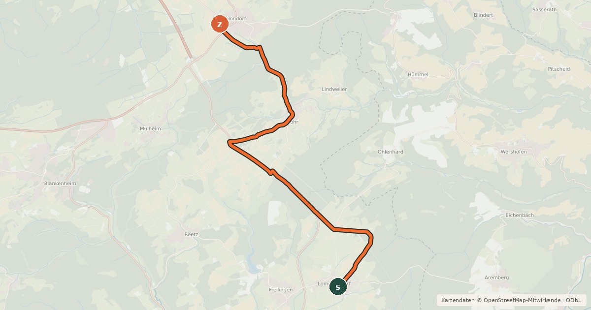 Kartenübersicht der Radroute Lommersdorf (72) - Tondorf (77)
