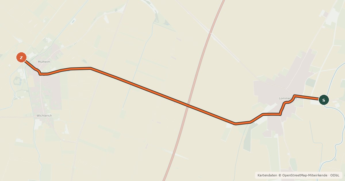 Kartenübersicht der Radroute Lommersum (21) - Mülheim (47)