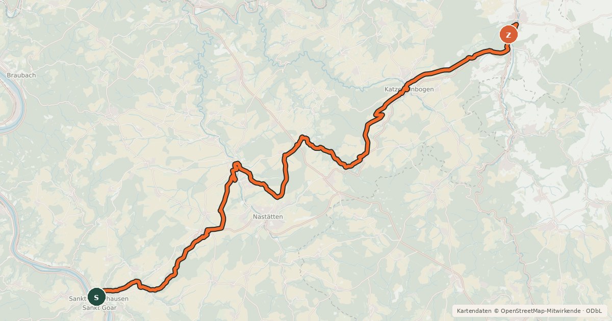 Kartenübersicht der Radroute Loreley-Aar-Radweg