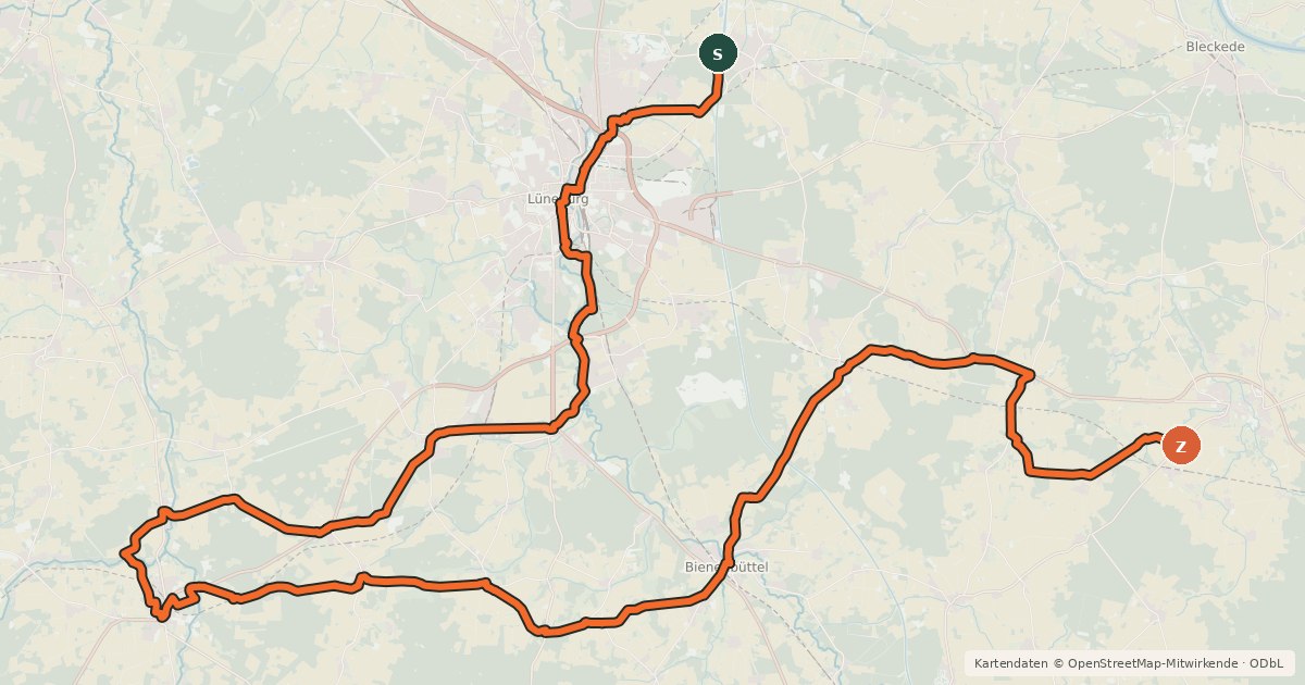 Kartenübersicht der Radroute Lüneburger Waldtour