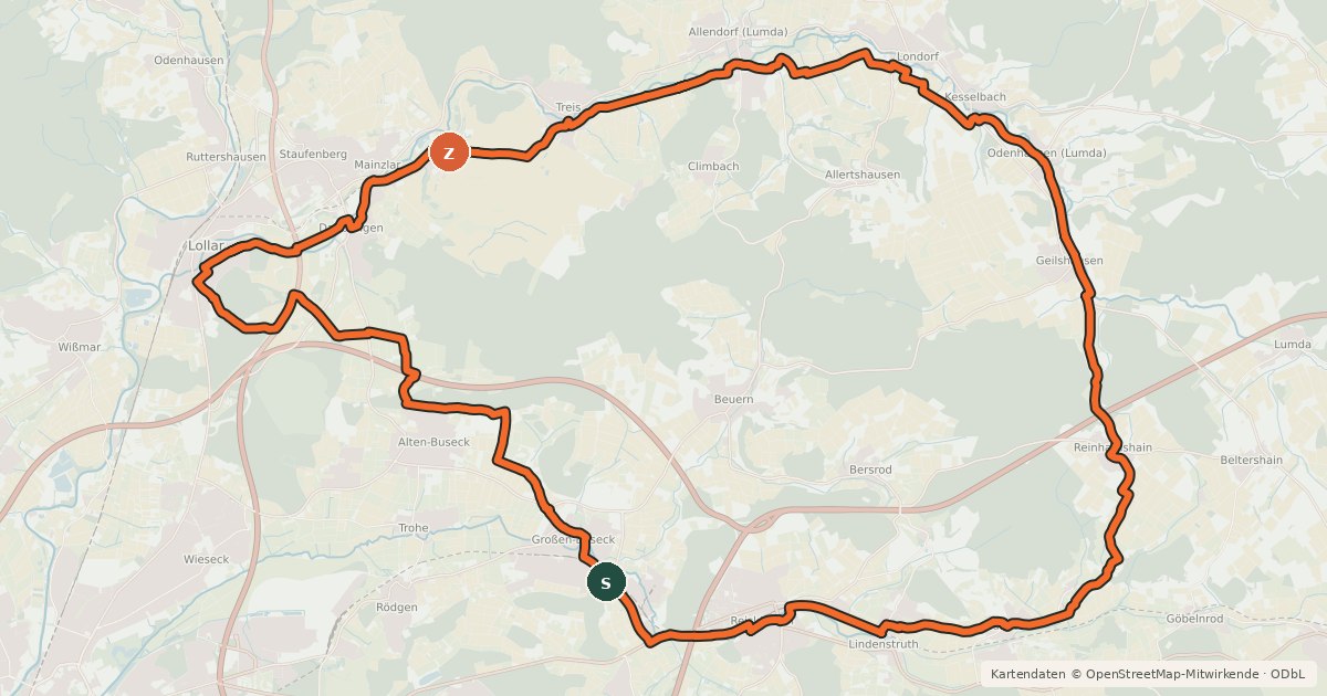 Kartenübersicht der Radroute Lumda-Wieseck-Radweg