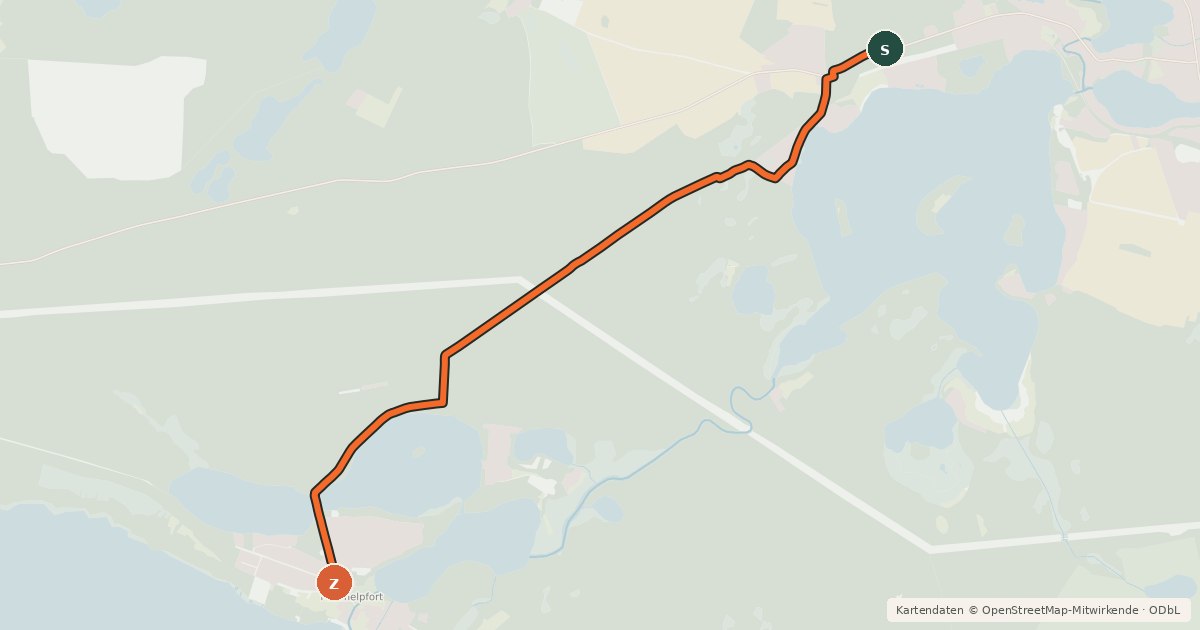 Kartenübersicht der Radroute Lychen (44) - Fürstenberg (53)
