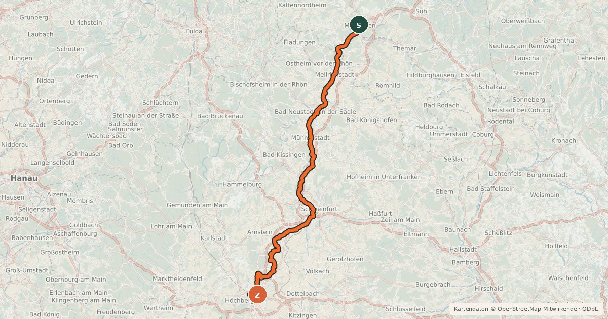 Kartenübersicht der Radroute Main-Werra-Radweg