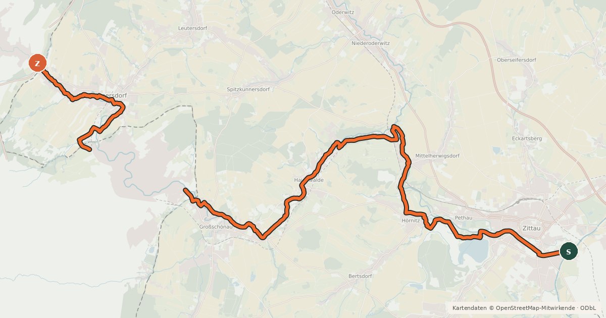 Kartenübersicht der Radroute Mandavská cyklotrasa/Mandau Radweg