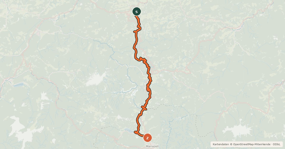 Kartenübersicht der Radroute Mariazellerbahn Strecke