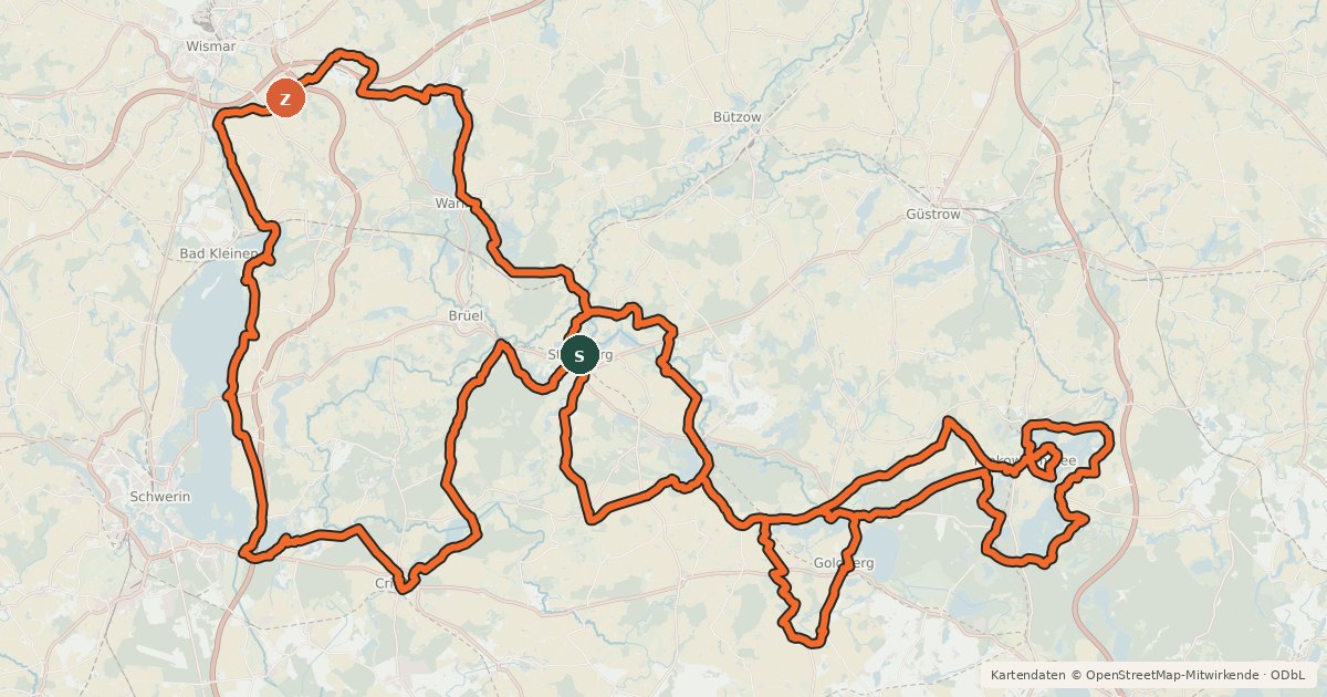 Kartenübersicht der Radroute Mecklenburgischer Seen Rundweg