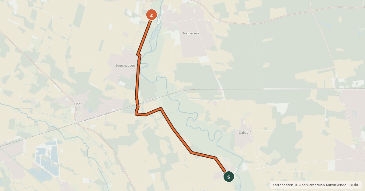 Kartenübersicht der Radroute Meinersen West (60) - Volkse (61)