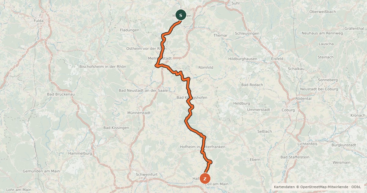 Kartenübersicht der Radroute Meiningen-Haßfurt