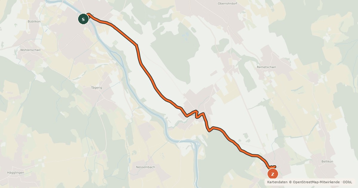 Kartenübersicht der Radroute Mellingen - Künten