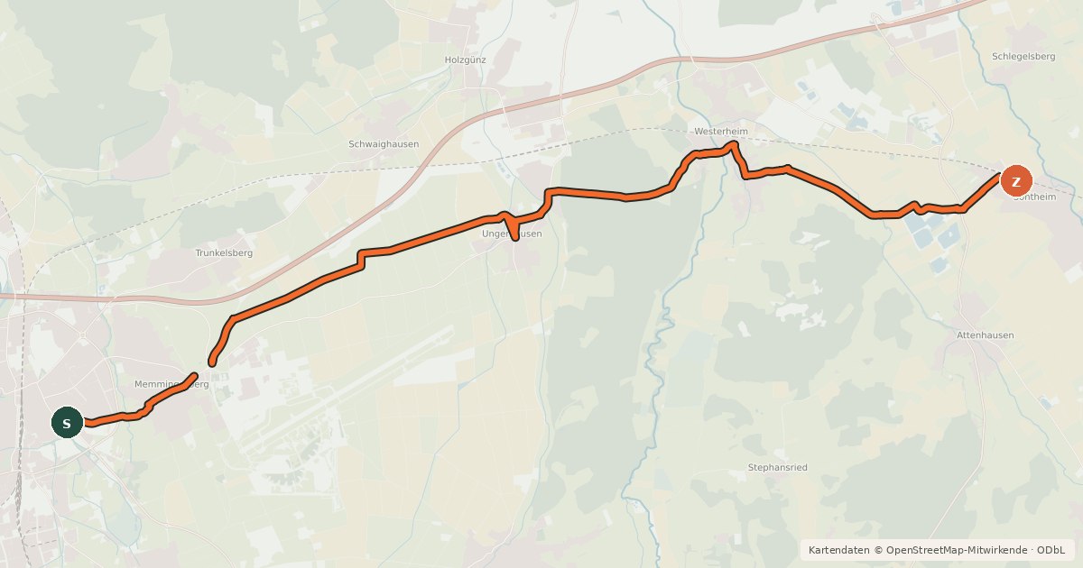 Kartenübersicht der Radroute Memmingen-Sontheim