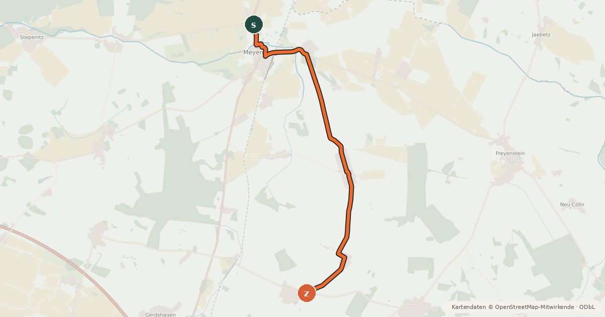 Kartenübersicht der Radroute Meyenburg (90) - Meyenburg (98)