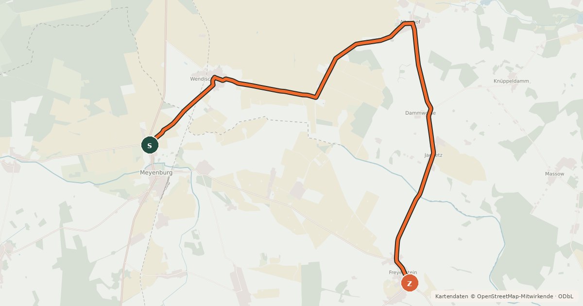 Kartenübersicht der Radroute Meyenburg (90) - Wittstock (95)