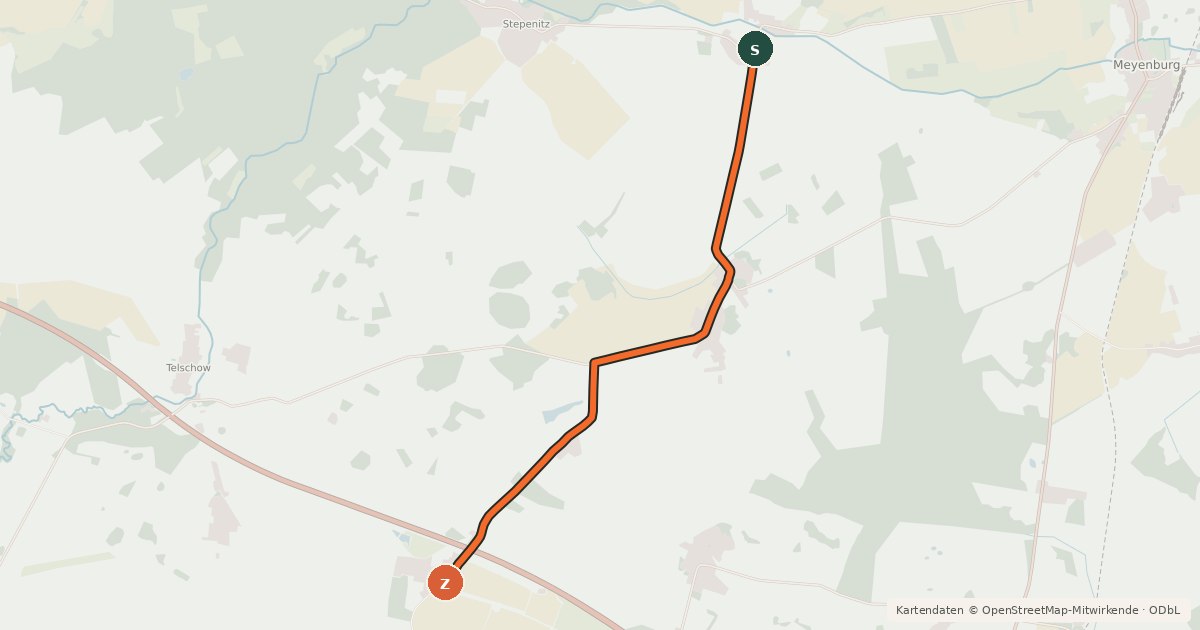 Kartenübersicht der Radroute Meyenburg (91) - Putlitz-Berge (92)