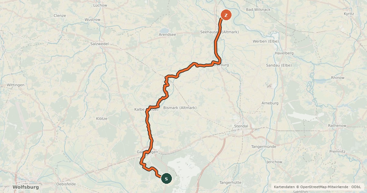 Kartenübersicht der Radroute Milde-Biese-Aland-Tour