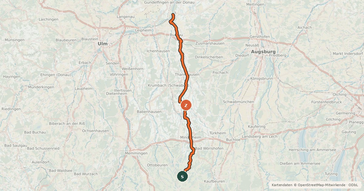 Kartenübersicht der Radroute Mindeltal-Radweg