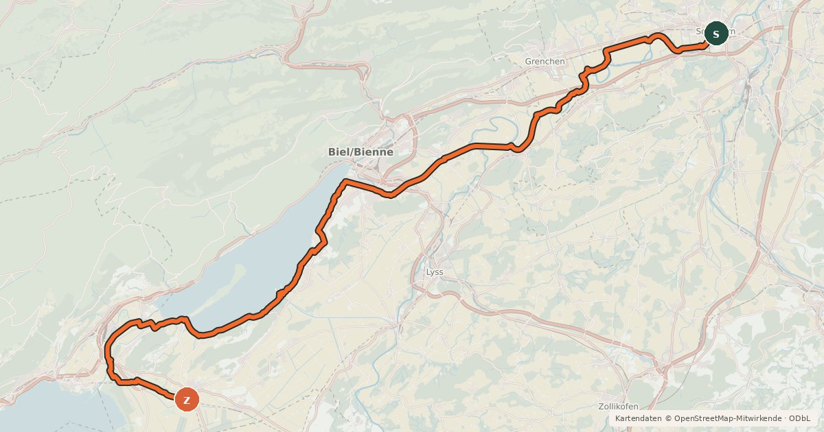 Kartenübersicht der Radroute Mittelland-Route