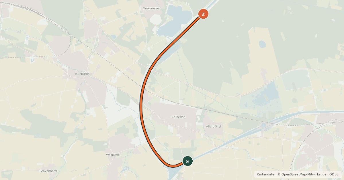 Kartenübersicht der Radroute Mittellandkanal Nord Abzweig Calberlah (77) - Tankumsee Elbe-Seitenkanal Ost (76)