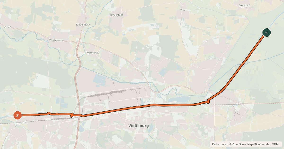 Kartenübersicht der Radroute Mittellandkanal Politz (07) - Mittellandkanal nördlich Containerhafen Fallersleben (00)