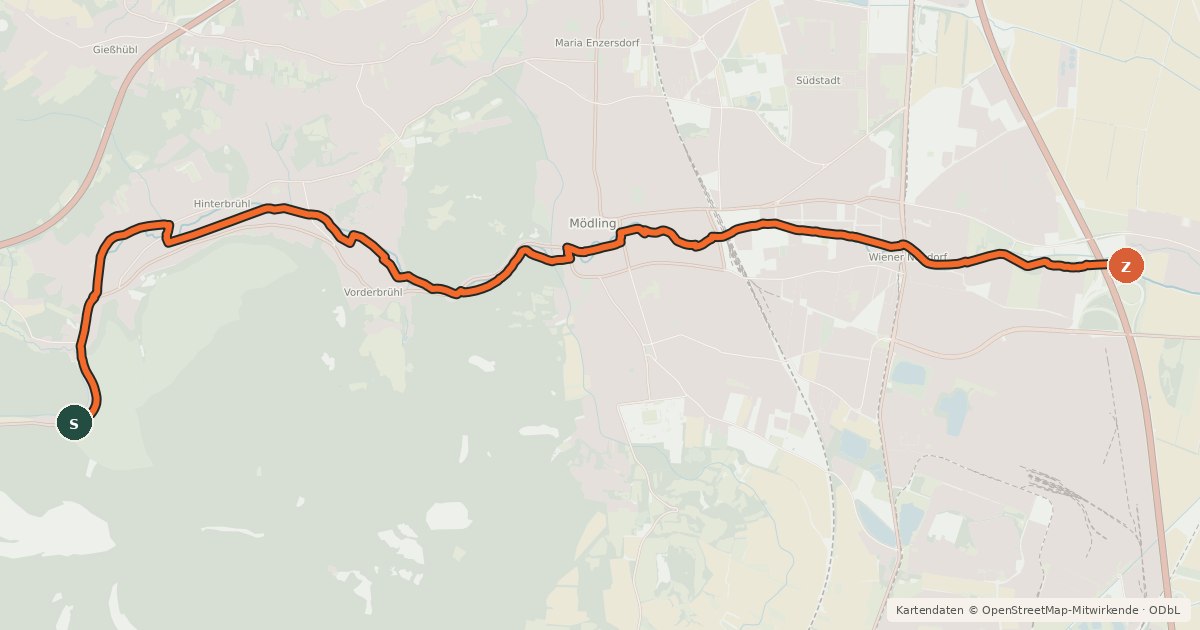 Kartenübersicht der Radroute Mödlingbach-Radroute