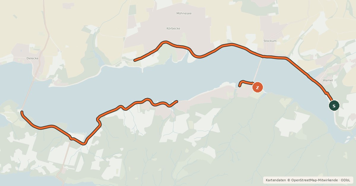 Kartenübersicht der Radroute Möhnesee Ufertour