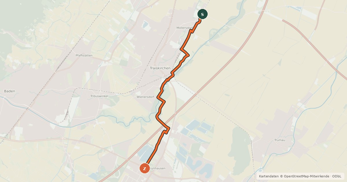 Kartenübersicht der Radroute Möllersdorf-Traiskirchen-Oyenhausen