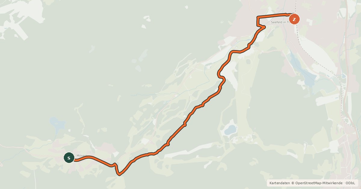 Kartenübersicht der Radroute Mösern-Seefeld