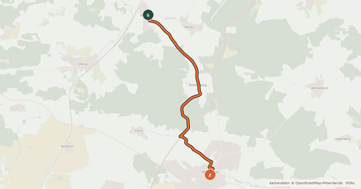 Kartenübersicht der Radroute Monheim-Weilheim