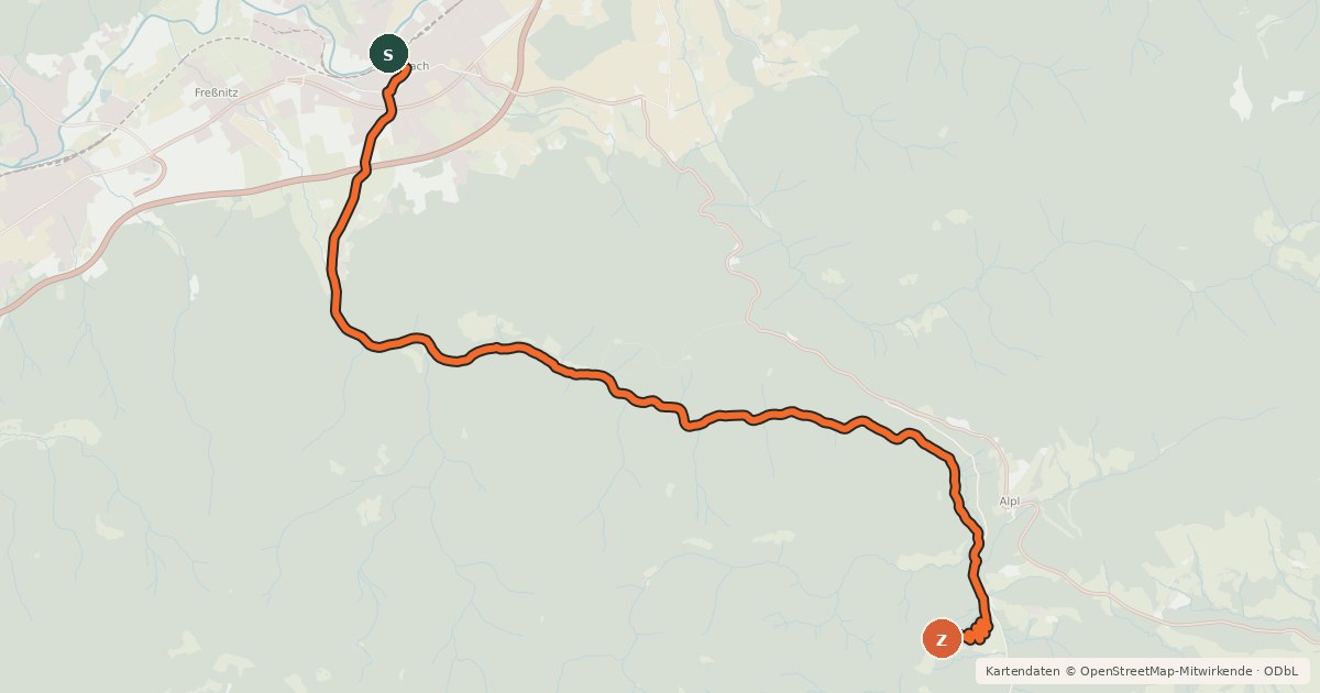 Kartenübersicht der Radroute MTB Freßnitzgraben – Geburtshaus Rosegger