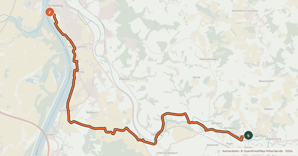 Kartenübersicht der Radroute MTB Schärding-Taufkirchen